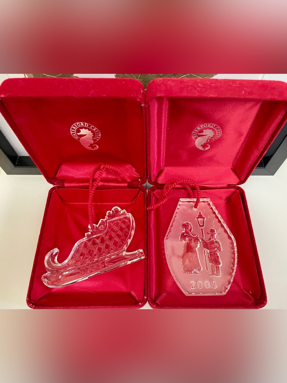 Waterford Crystal Christmas Ornaments: Carolers 2000 & Sleigh 1998